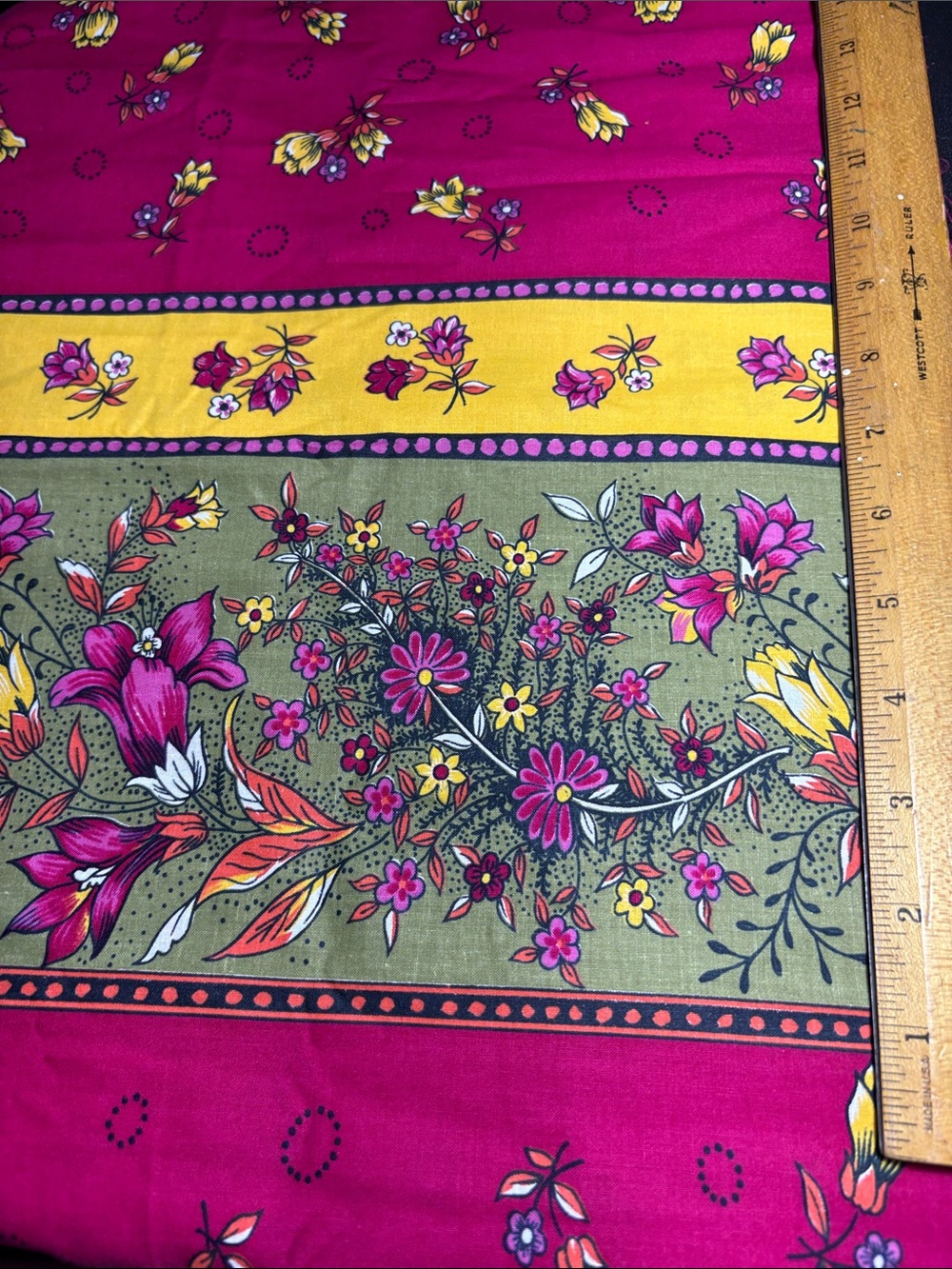 Vintage Floral Border on both ends Print Fabric in Fuchsia, Olive & Yellow. B20